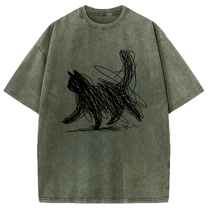 Modecanvas Minimalist Cat Art Washed T-Shirt-modecanvas