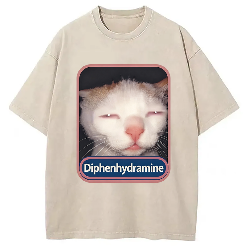 Modecanvas Diphenhydramine Cat Meme Washed T-Shirt-modecanvas
