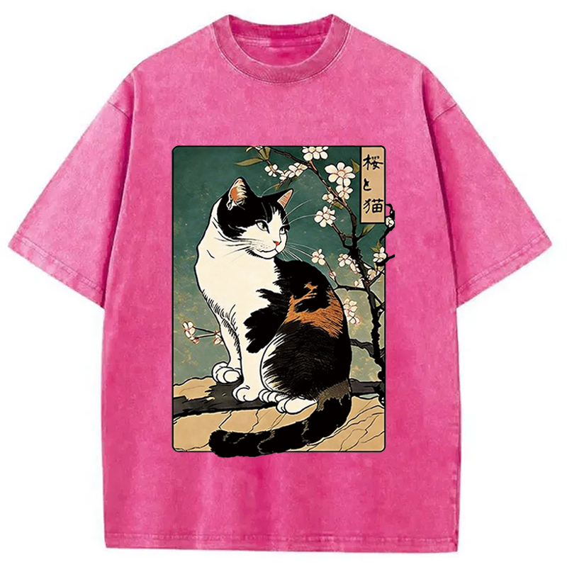 Modecanvas The Cat Under the Sakura DTG Printing Washed T-Shirt-modecanvas