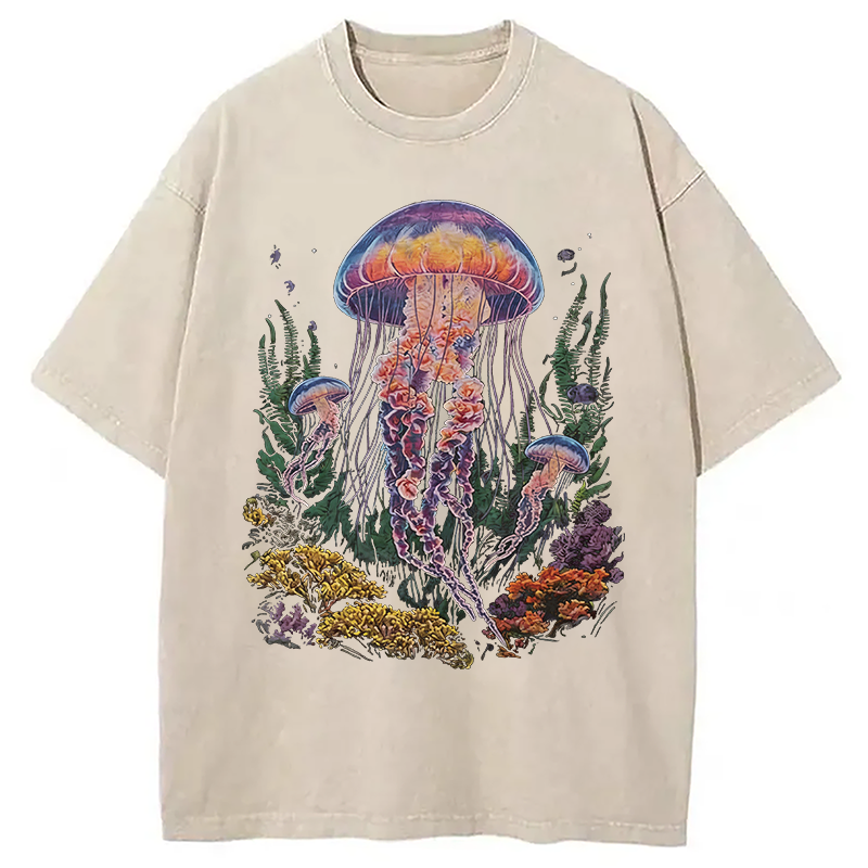 Modecanvas Vintage Jellyfish Dark Ocean Grunge DTG Printing Washed T-Shirt