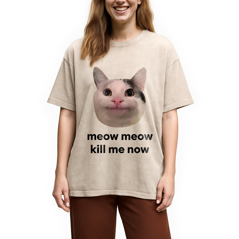 Modecanvas Meow Meow Kill Me Now Polite Cat Meme DTG Printing Washed T-Shirt