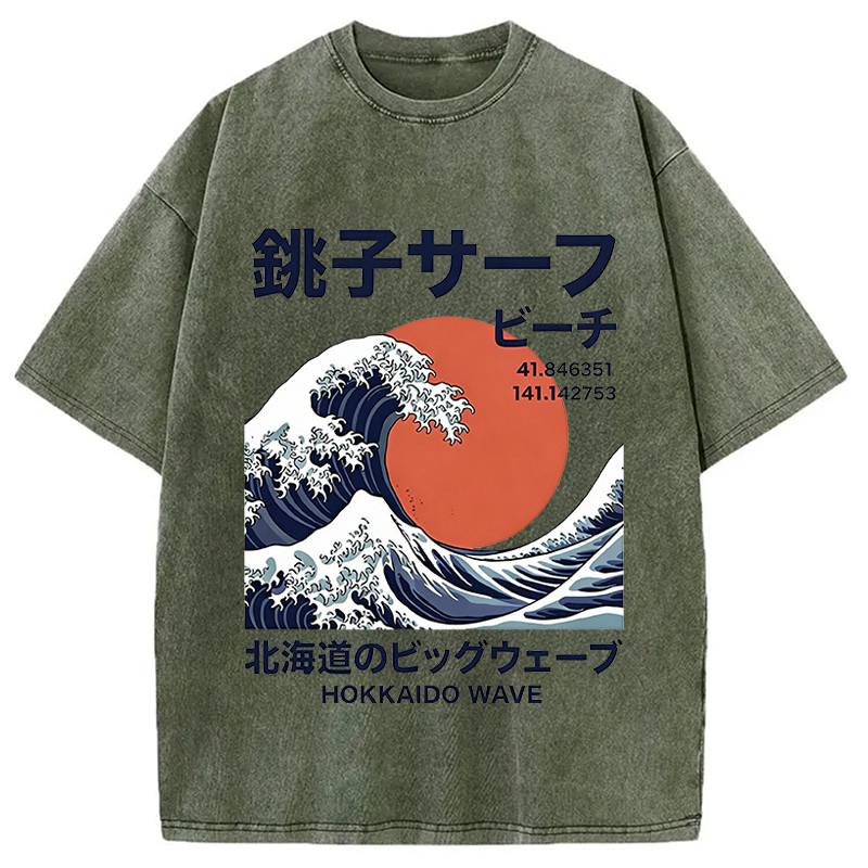 Modecanvas Hokkaido Wave Poster DTG Printing Washed T-Shirt