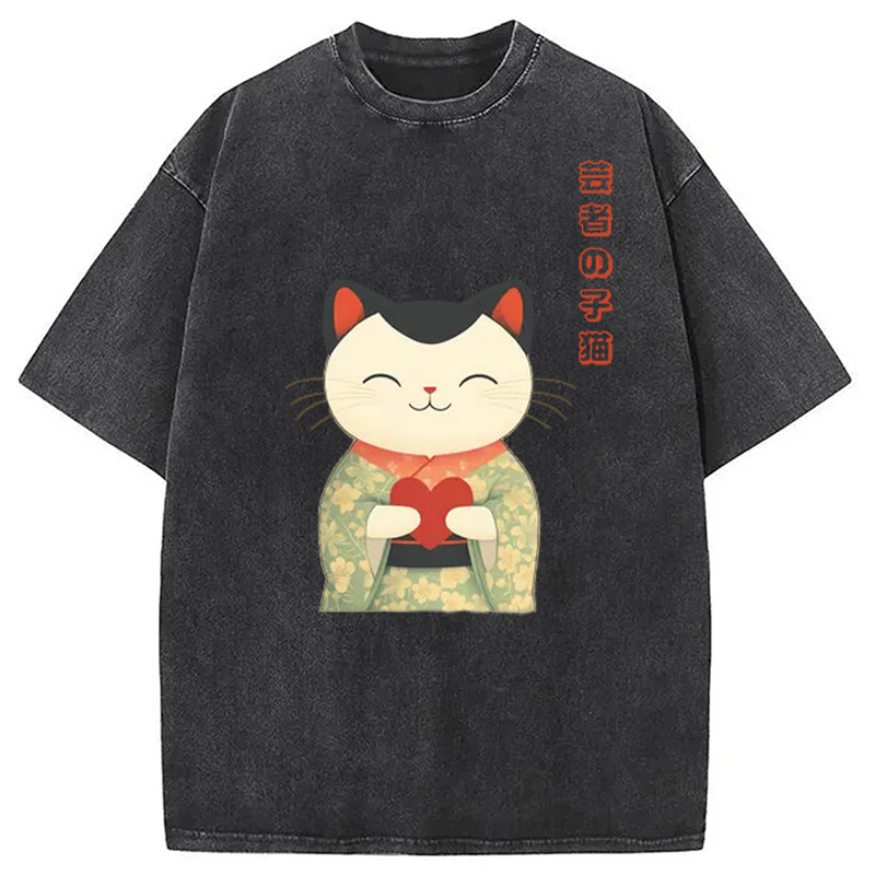 Modecanvas Japanese Maneki Geisha Kitty Washed T-Shirt