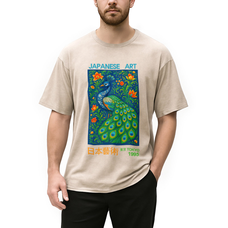 Modecanvas Majestic Peacock Japanese Art Washed T-Shirt