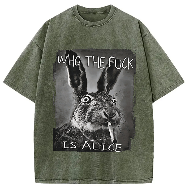 Modecanvas Who The F*ck Is Alice Rabbit Funny DTG Printing Washed T-Shirt-modecanvas