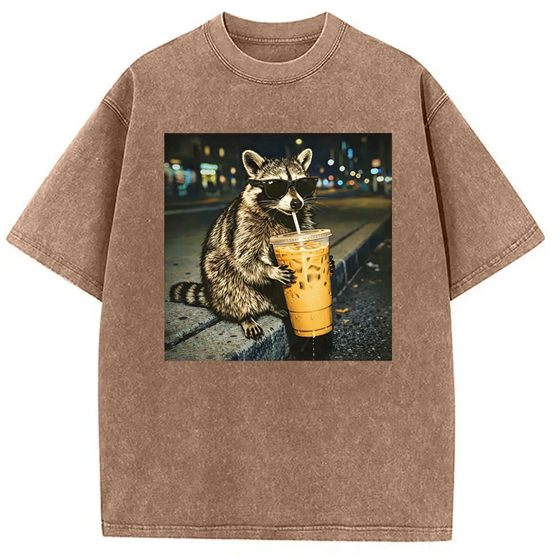 Modecanvas Racoon with a Ice Coffee Washed T-Shirt-modecanvas