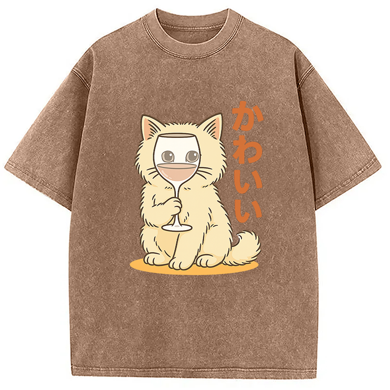 Modecanvas Kawaii Cat with Wine Glass Face Washed T-Shirt