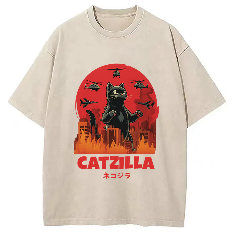 Modecanvas Catzilla Cat Japanese Vintage Washed T-Shirt