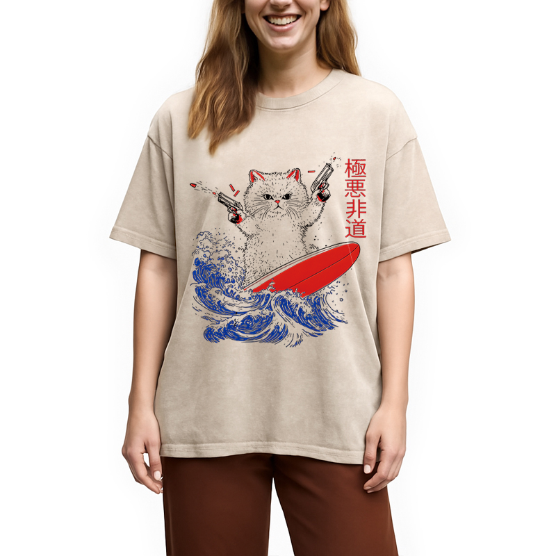 Modecanvas 90s Kitten Surf DTG Printing Washed T-Shirt-modecanvas