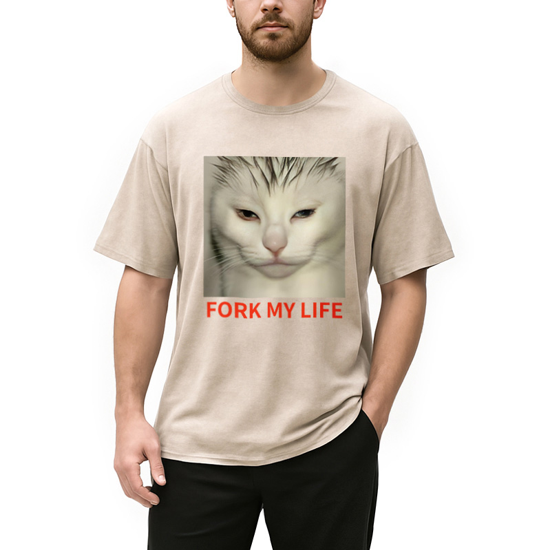 Modecanvas White Cat Fork My Life Washed T-Shirt