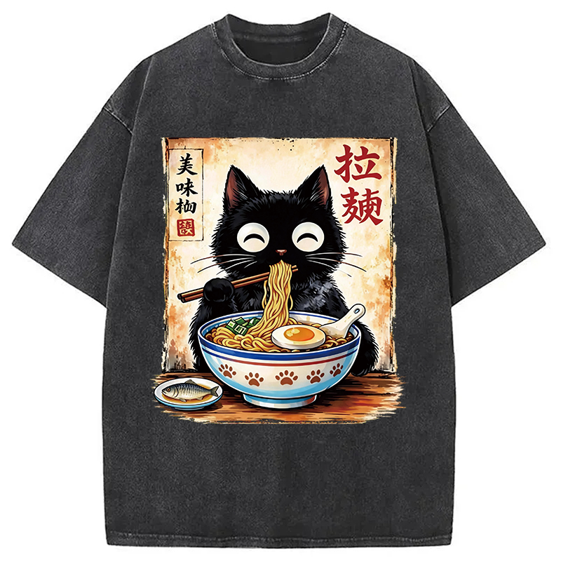 Modecanvas Cute Cat Slurping Ramen DTG Printing Washed T-Shirt