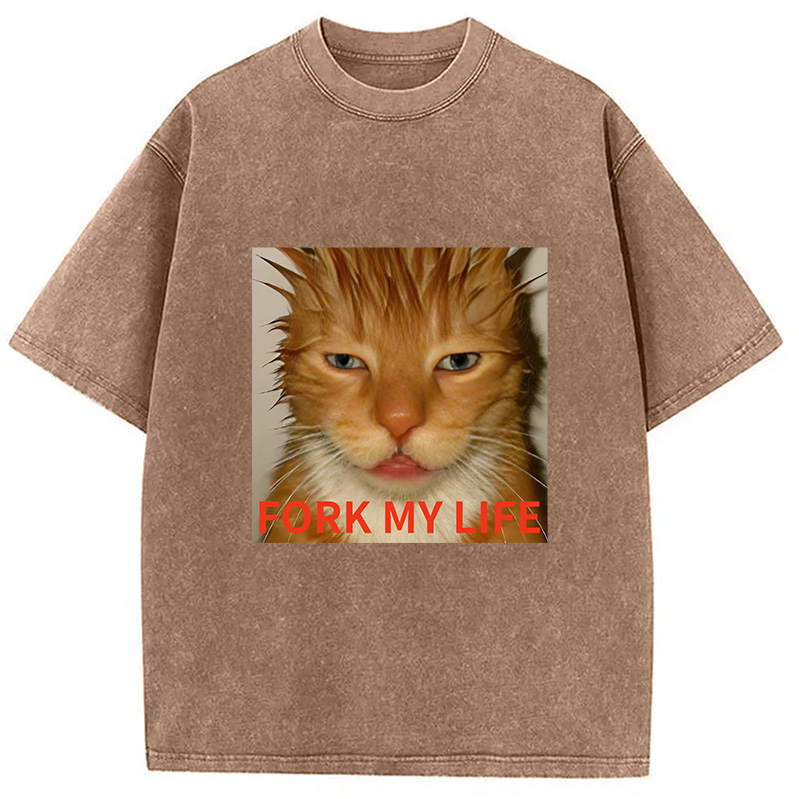 Modecanvas Orange Cat Fork My Life Washed T-Shirt