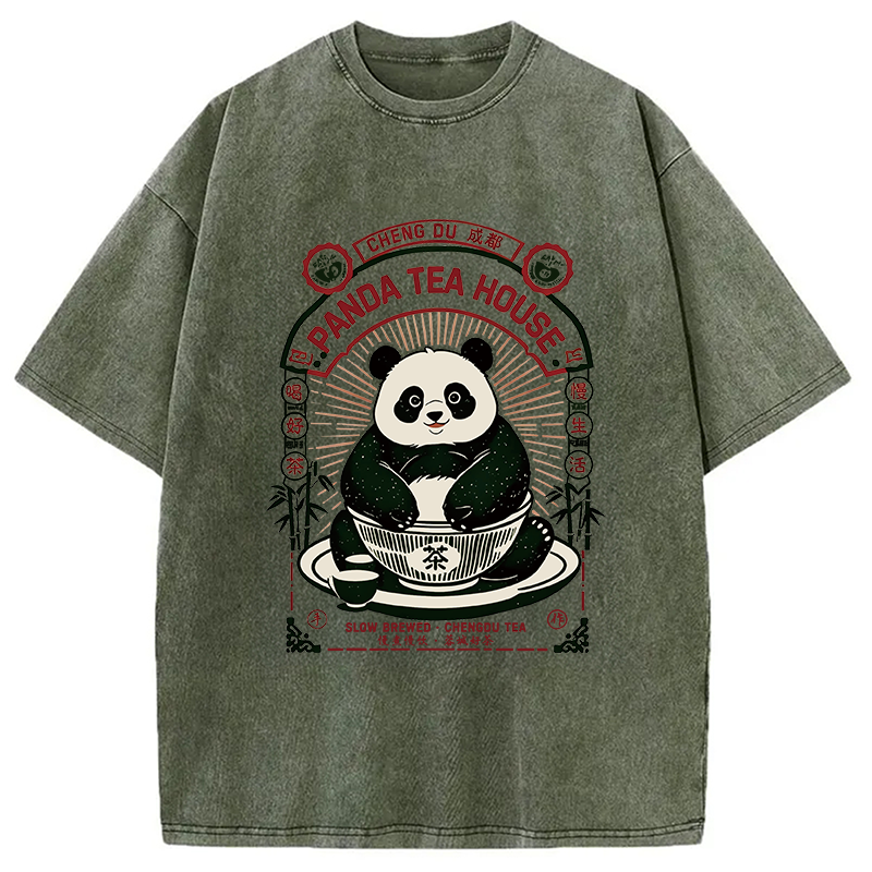 Modecanvas Panda Tea House DTG Printing Washed T-Shirt