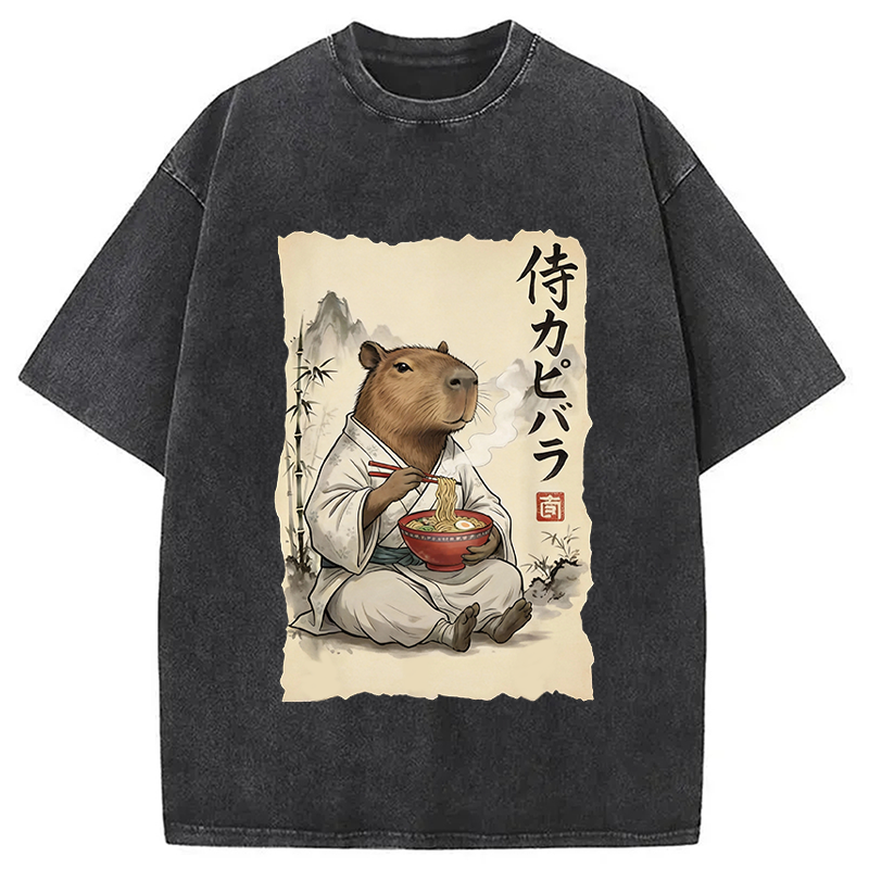 Modecanvas Funny Capybara Ramen DTG Printing Washed T-Shirt