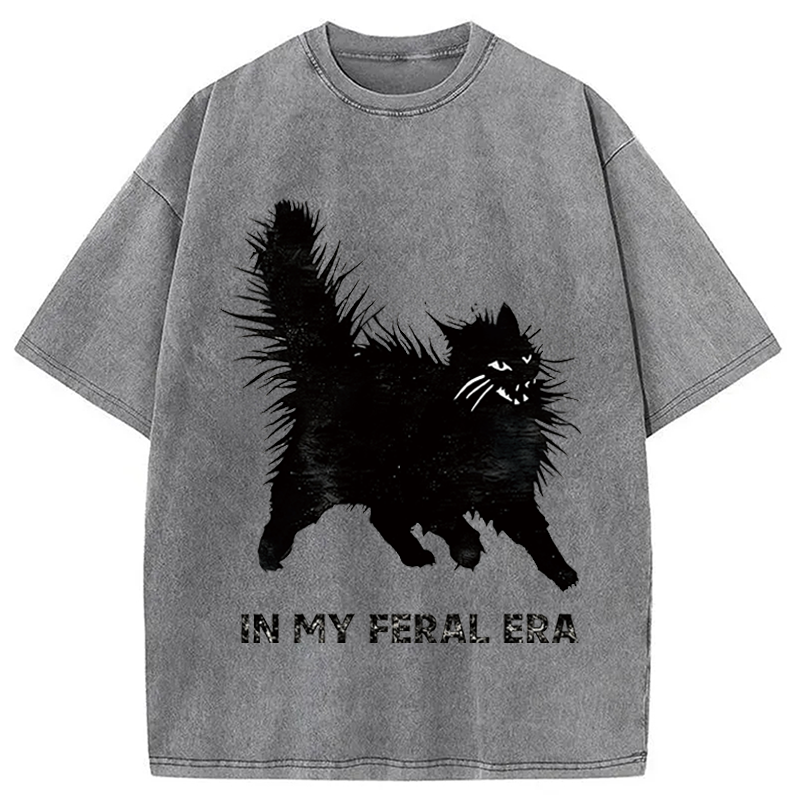 Modecanvas Wild Black Cat DTG Printing Washed T-Shirt