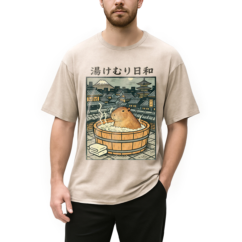 Modecanvas Capybara Bath DTG Printing Washed T-Shirt