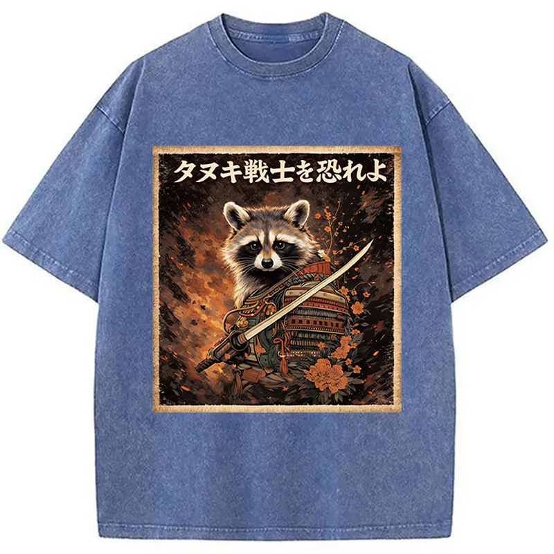 Modecanvas Japanese Raccoon Samurai Funny DTG Printing Washed T-Shirt