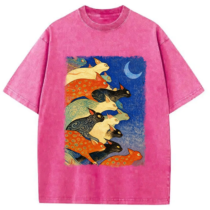 Modecanvas Colorful Flowing Cats Washed T-Shirt