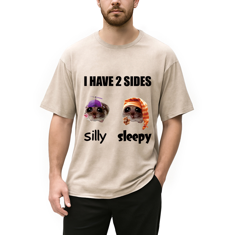 Modecanvas I Have 2 Sides Silly Sleepy Rat Meme DTG Printing Washed T-Shirt