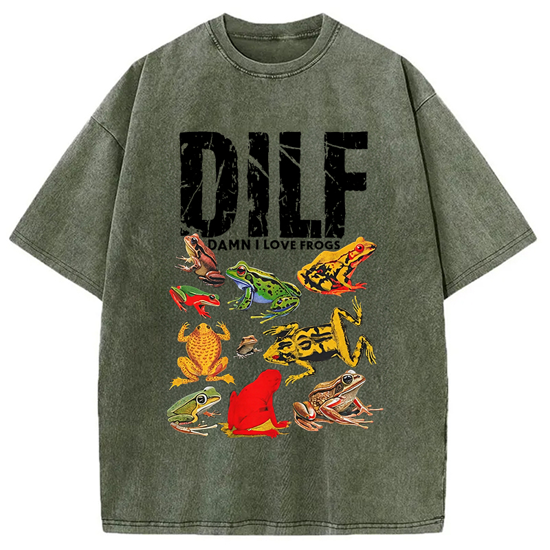 Modecanvas DILF Man I Love Frogs Funny Meme Washed T-Shirt-modecanvas