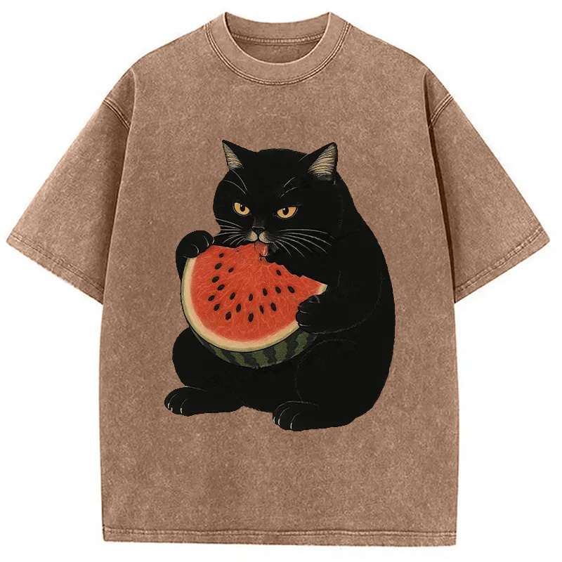 Modecanvas Black Cat Eating Watermelon Washed T-Shirt