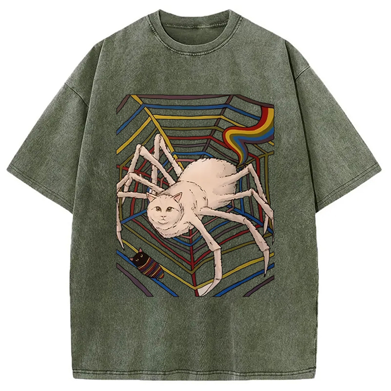 Modecanvas Funny Spider Cat Washed T-Shirt