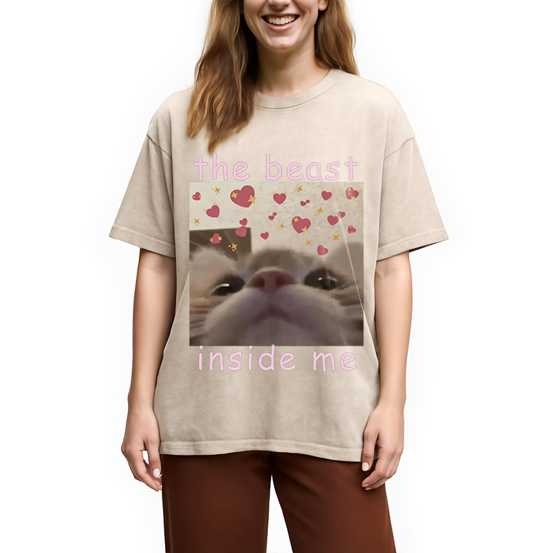 Modecanvas The beast inside me Cat Meme DTG Printing Washed T-Shirt