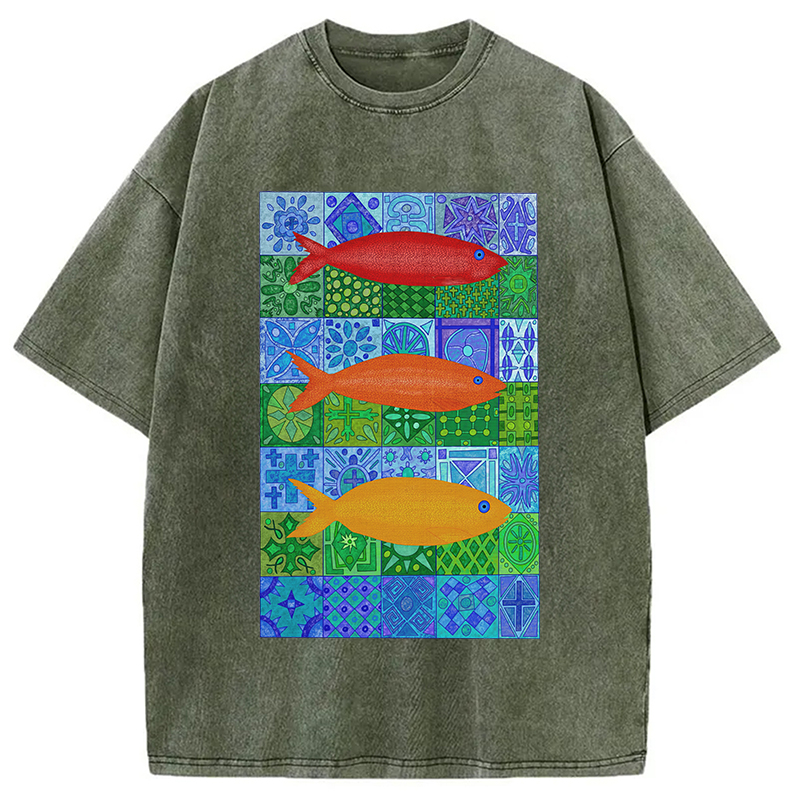 Modecanvas Three Fishes DTG Printing Washed T-Shirt