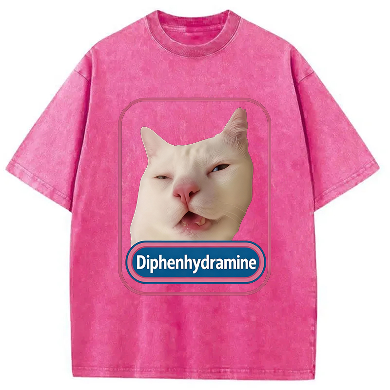 Modecanvas Funny Diphenhydramine Meme Cat Washed T-Shirt-modecanvas