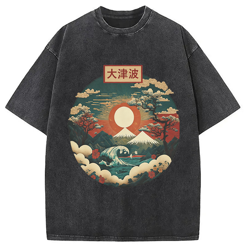 Modecanvas Japanese Red Sunset DTG Printing Washed T-Shirt