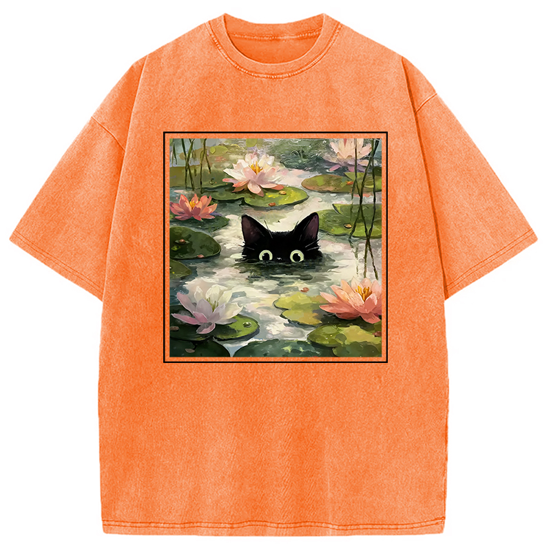 Modecanvas Black Cat and Lotus Flower Washed T-Shirt