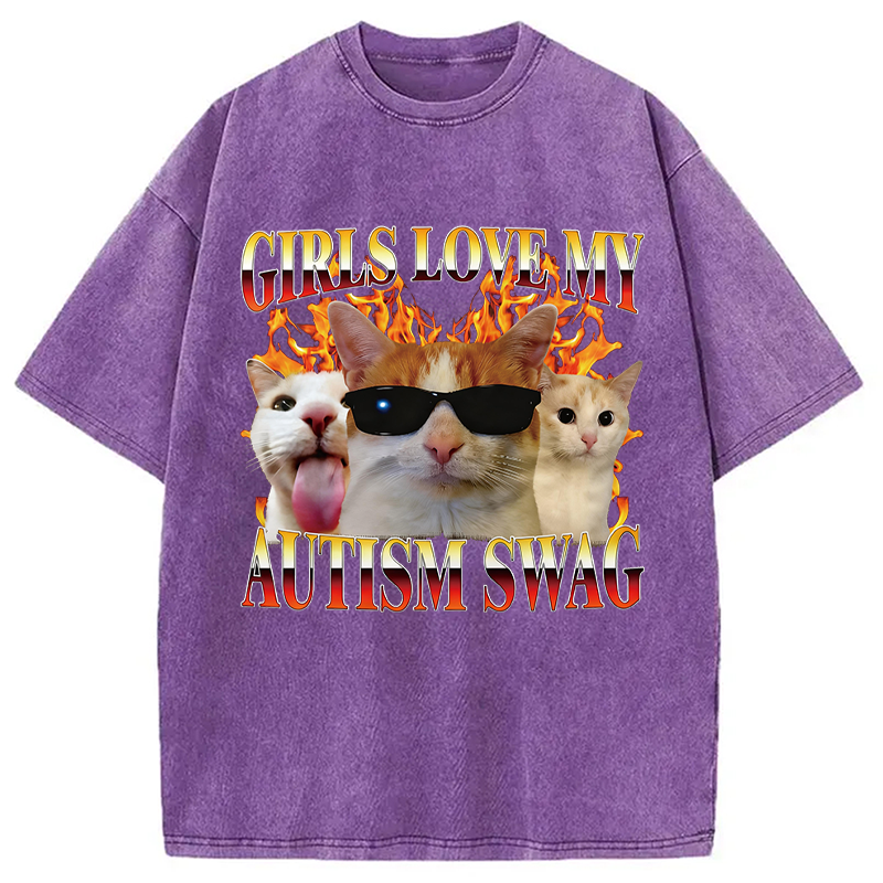 Modecanvas Girls Love My Autism Swag Funny Cat Meme DTG Printing Washed T-Shirt