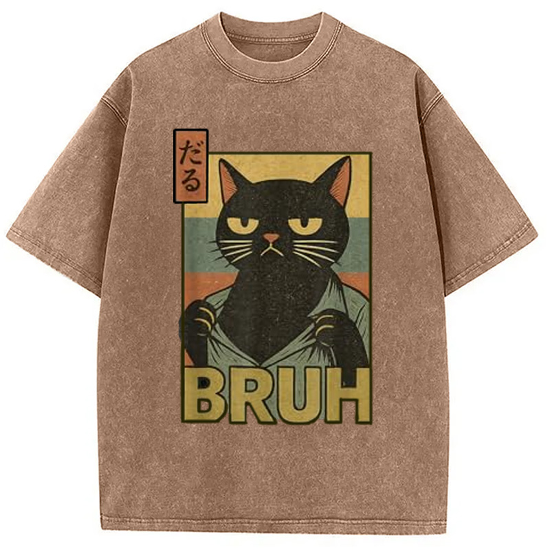 Modecanvas Funny Cat Bruh Washed T-Shirt