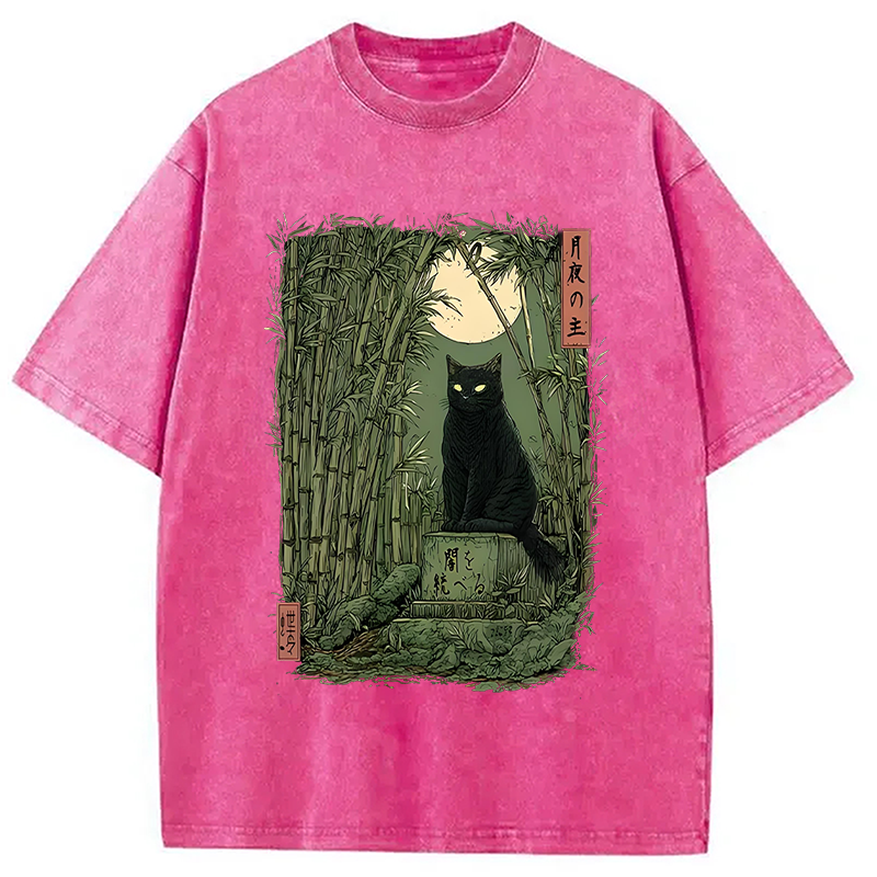 Modecanvas Black Cat In The Bamboo Forest Washed T-Shirt-modecanvas