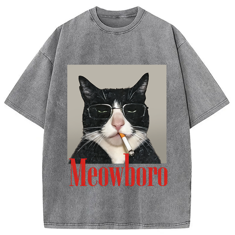 Modecanvas Funny Cat Smoking Cigarette Meme Washed T-Shirt
