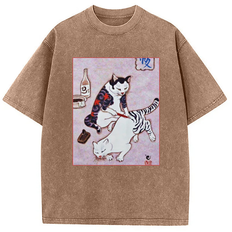Modecanvas Japanese Tattoo Cat Washed T-Shirt