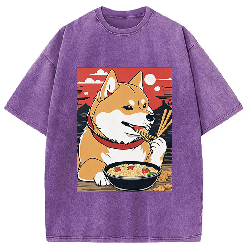 Modecanvas Cute Shiba Inu Dog Eating Ramen DTG Printing Washed T-Shirt