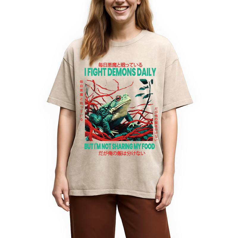 Modecanvas Japanese Frog Horror Art DTG Printing Washed T-Shirt-modecanvas