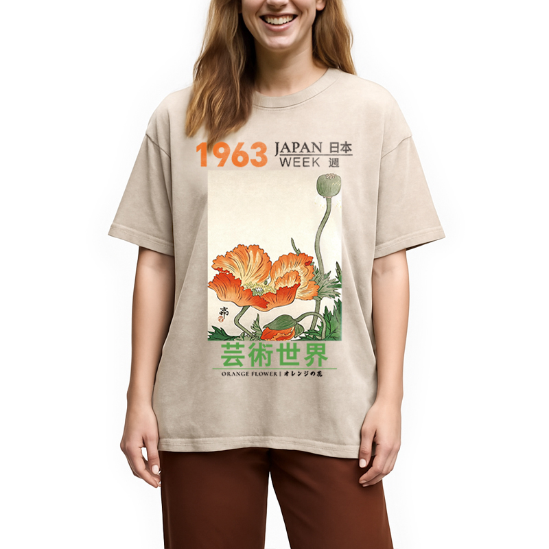 Modecanvas Orange Flower DTG Printing Washed T-Shirt