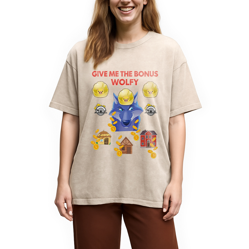 Modecanvas Give Me The Bonus Wolfy Funny DTG Printing Washed T-Shirt