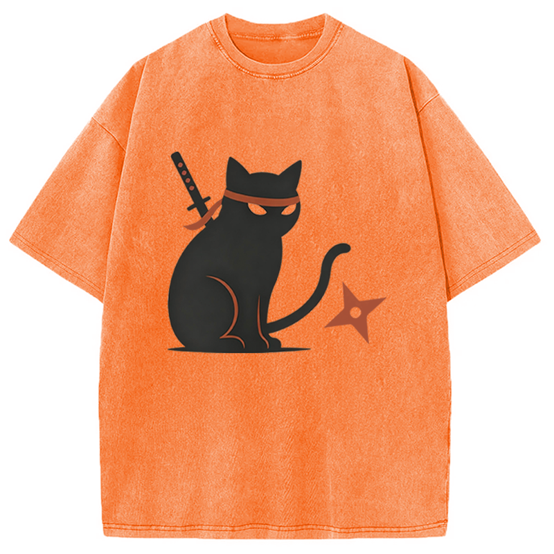 Modecanvas Japanese Ninja Neko Kimono Cat DTG Printing Washed T-Shirt