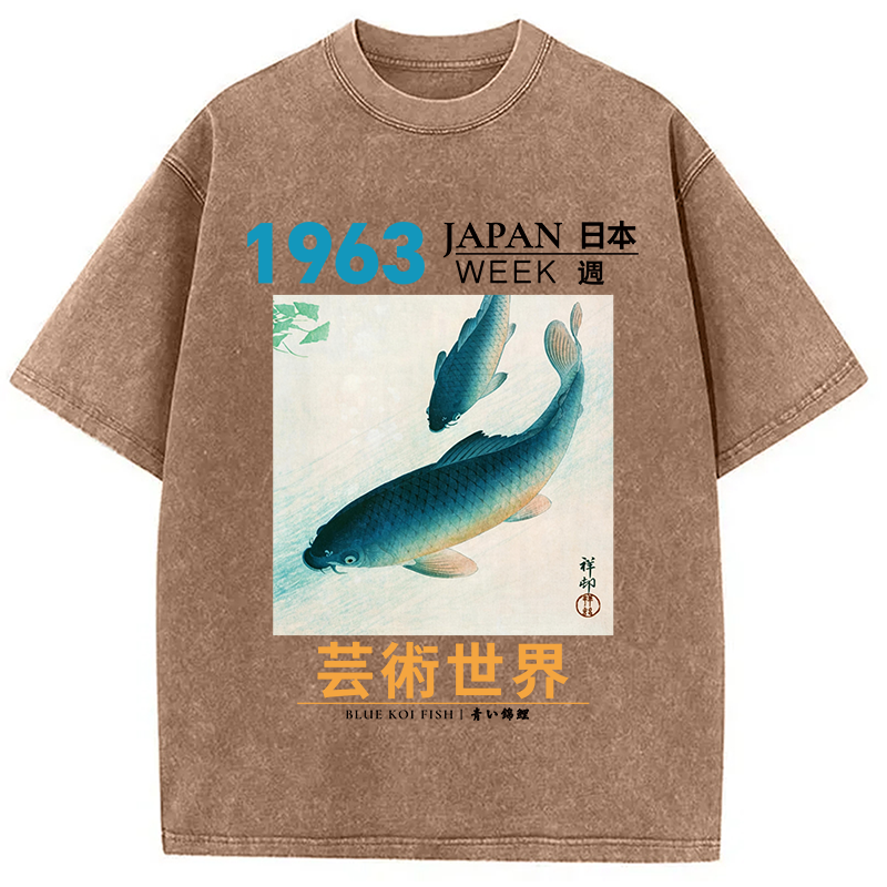 Modecanvas Blue Koi Fish DTG Printing Washed T-Shirt