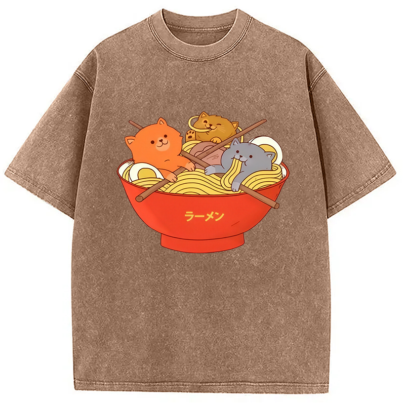 Modecanvas Cute Cat Ramen Washed T-Shirt