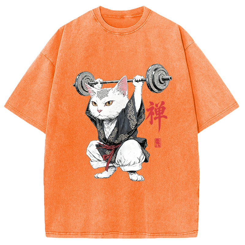 Modecanvas Zen Samurai Cat Weightlifter DTG Printing Washed T-Shirt