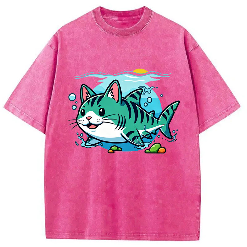 Modecanvas A Cat Shark Washed T-Shirt