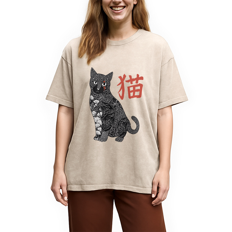 Modecanvas Tattooed Cat Japanese Vintage Washed T-Shirt