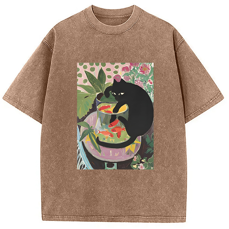 Modecanvas Goldfish And A Cat Washed T-Shirt