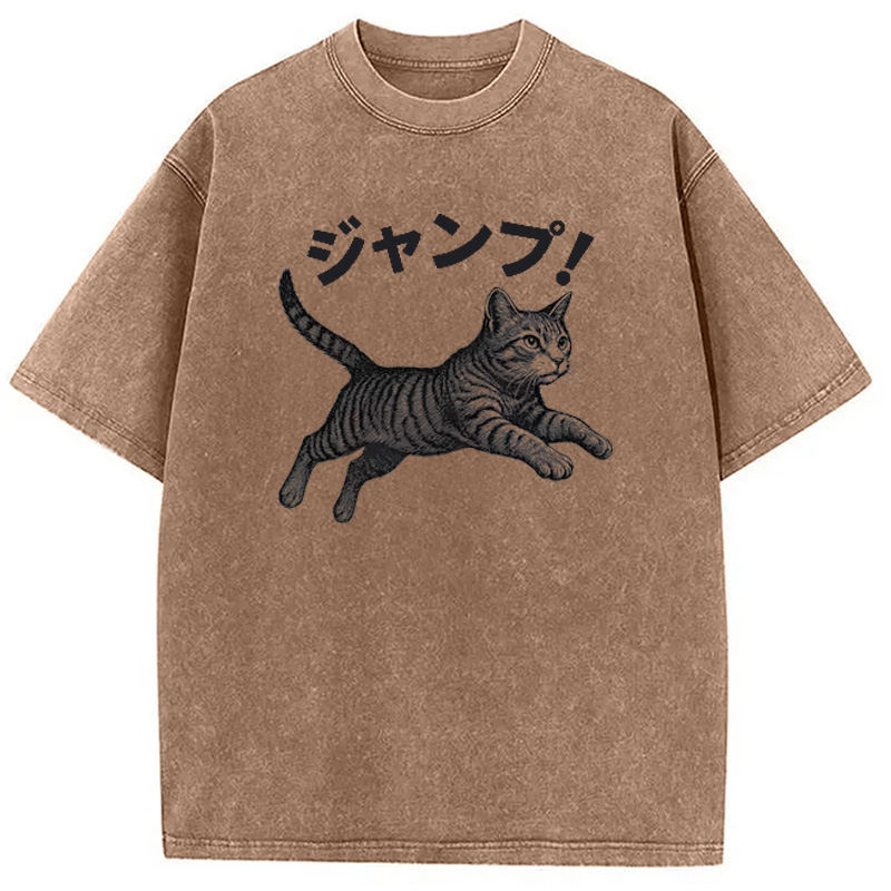 Modecanvas Jumping Tabby Funny Japanese Cat Washed T-Shirt