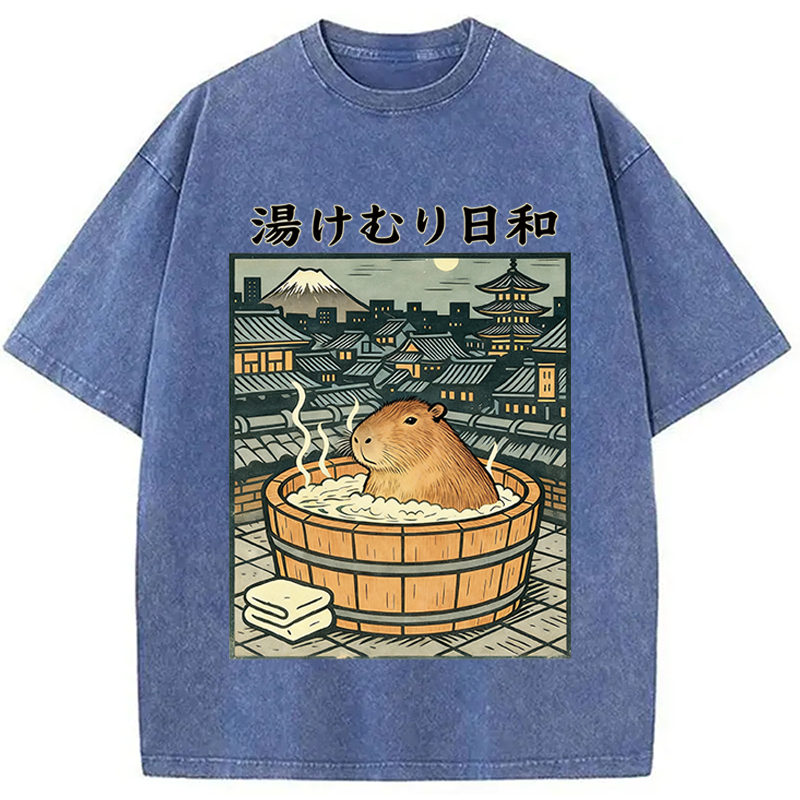 Modecanvas Capybara Bath DTG Printing Washed T-Shirt