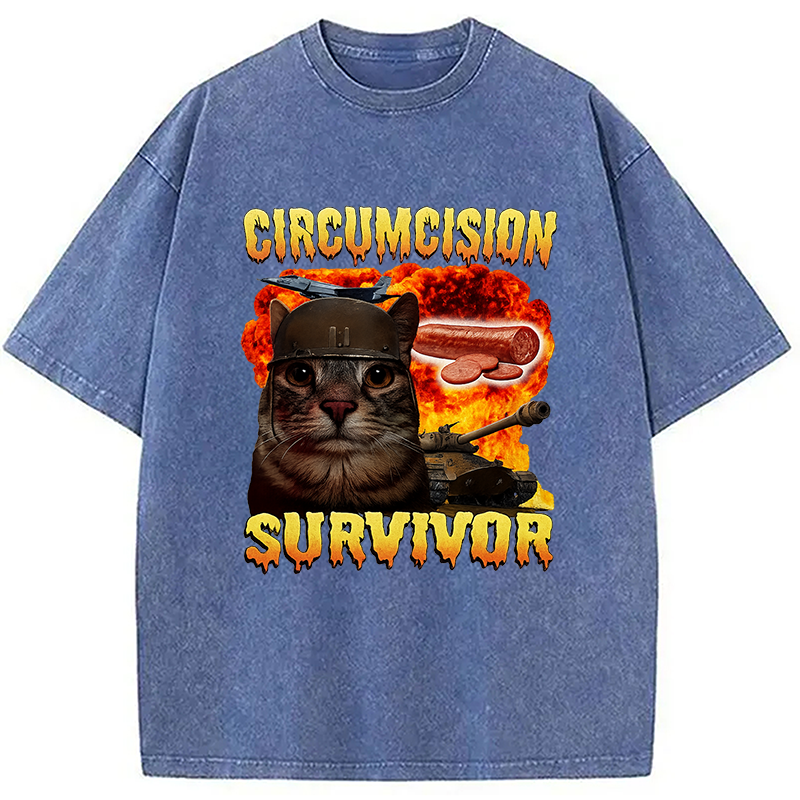 Modecanvas Circumcision Survivor Funny Cat Meme Washed T-Shirt-modecanvas